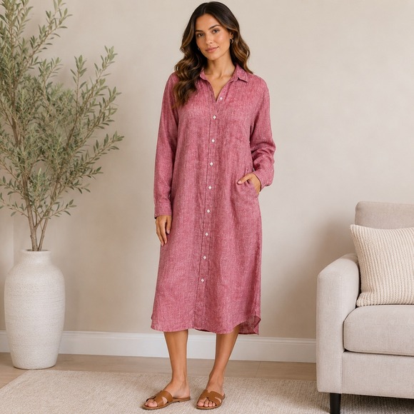 Frank & Eileen Dresses & Skirts - Frank Eileen Rory Maxi Dress Medium Red Linen Button Front Long Sleeve Lagenlook